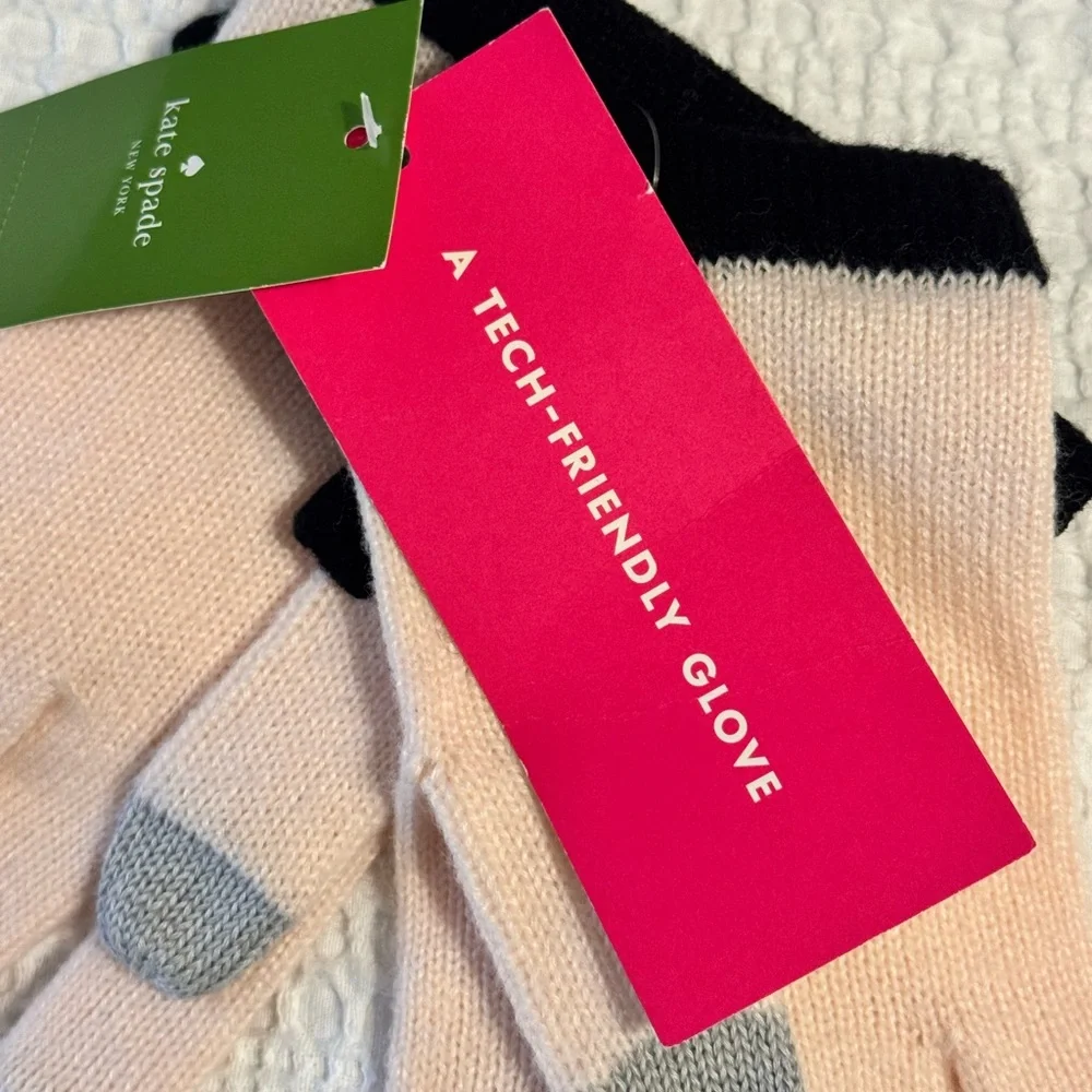 New Kate Spade Rose Dew Pink and Black Bow Tech Gloves